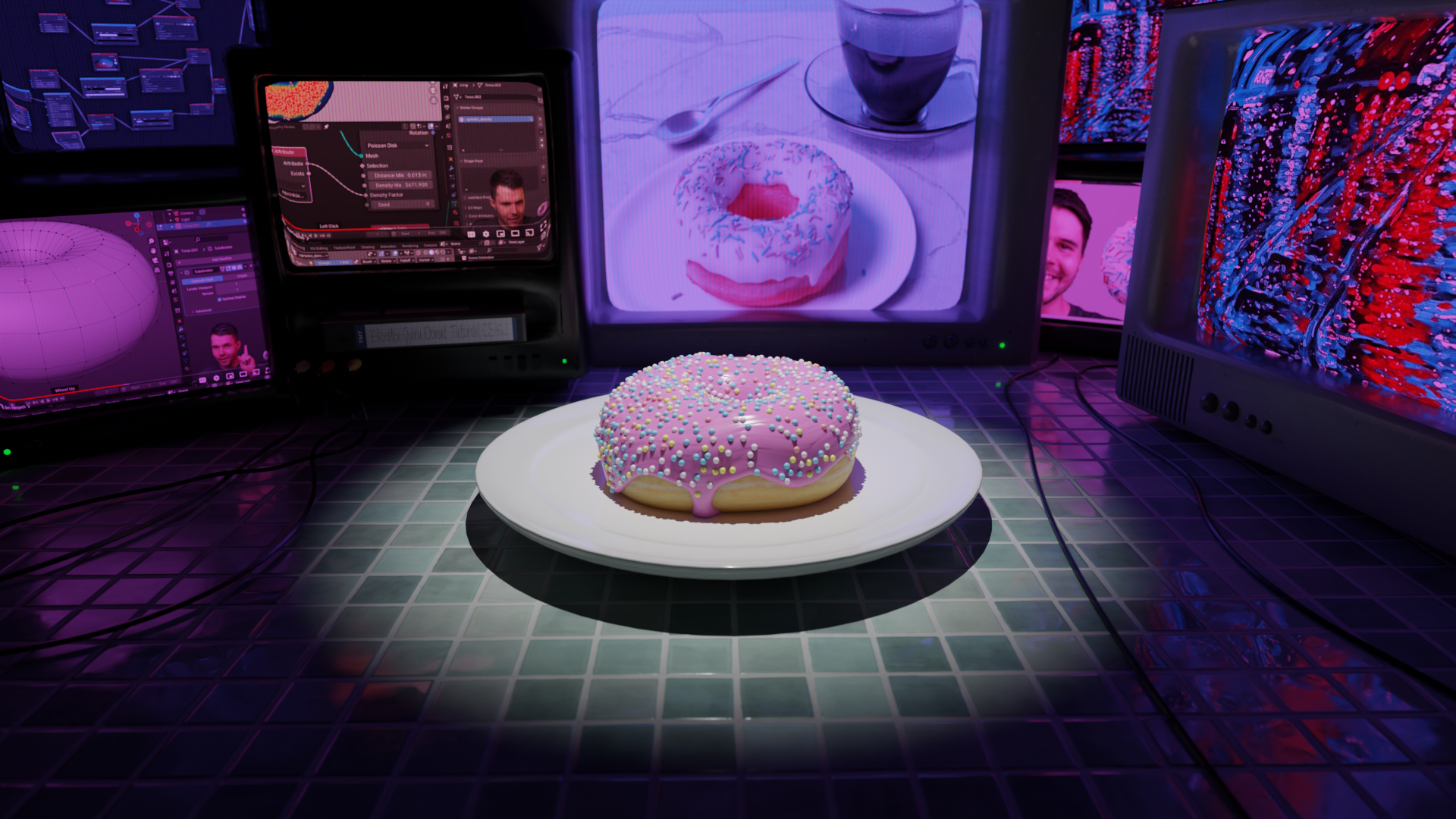 Donut surrounded by CRT TVs